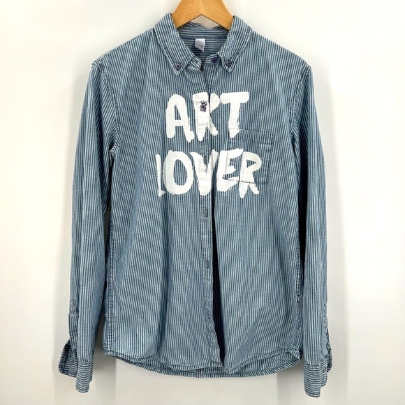 Alternative striped denim button down long sleeved shirt woman Large - Picture 1 of 6